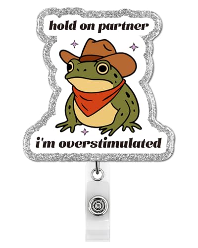 Funny Badge Reel Retractable with Alligator Clip, Cowboy Frog I'm Overstimulated ID Badge Reel