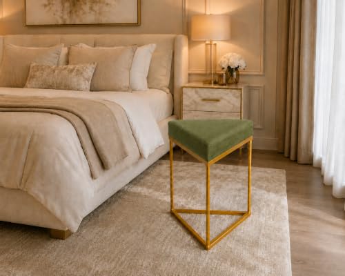 Image of Modern Velvet Triangular Vanity Stool with Gold Metal Frame | Upholstered Makeup Chair for Dressing Table | Accent Seating for Bedroom, Living Room & Home Decor-Olive Green.