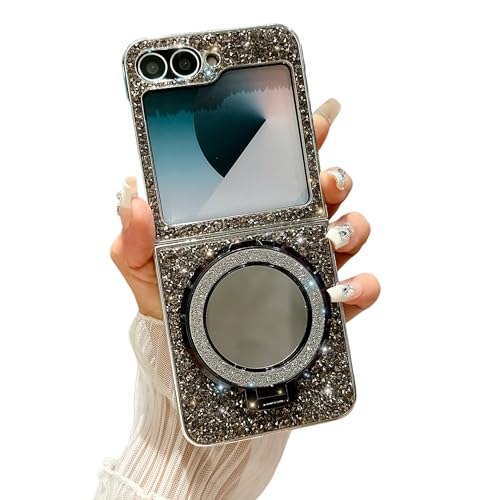 HJXFlying �K�p Samsung Galaxy Z Flip 6 �P�[�X MagSafe�Ή� �}�O�l�b�g�[�d�Ή� �L���L�� ���C���X�g�[�� ���ϋ� ���C�N�~���[�t�� �����O�X�^���h �ϏՌ� �ی�J�o�[ �����⏗�̎q���� - �u���b�N
