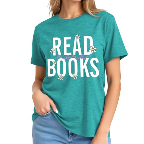 Image of Reading Teacher Shirt Women-Cute Read More Books Short Sleeve Library Book Lovers Daisy Tee Tops