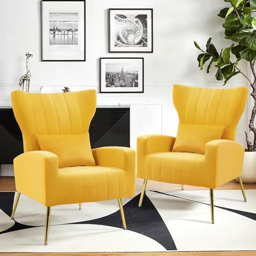 Modern Accent Chairs Set of 2, Wingback Chair with Arm & Gold Leg...