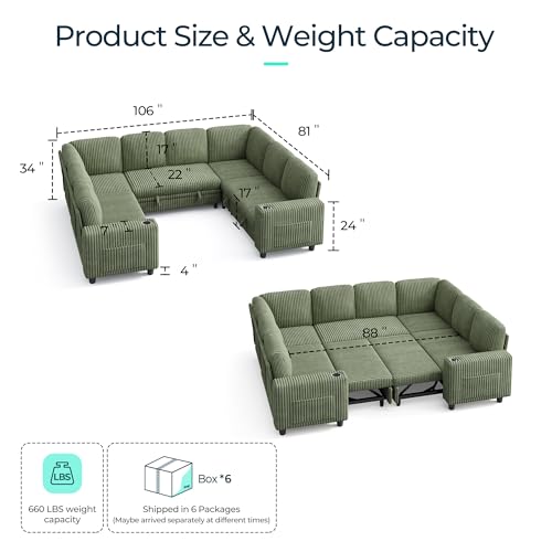 Image of LINSY HOME Sectional Sleeper Sofa with Pull Out Couch Bed - Convertible Plush Corduroy Cloud Couch with Storage Chaise & USB Charging, Comfy Modular Couches for Living Room, Green