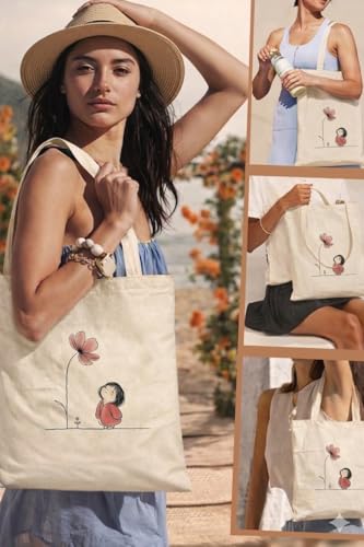 Image of Minimalist Girl & Flower Printed Canvas Tote Bag for Women | 16x14 Inch Cotton Shoulder Bag | Aesthetic Reusable Handbag for College, Office & Shopping