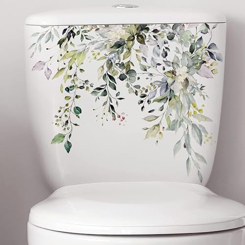 Green Plant Leaves Flowers Toilet Seat Lid Stickers Self-Adhesive Bathroom Wall Stickers Green Leaf Floral Toilet Lid Decals DIY Removable Waterproof Toilet Sticker for Bathroom Cistern Decor