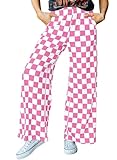 IWOLLENCE Women's Y2K Wide Leg Pants Checkered Casual Loose High Waist Loungewear Teen Gingham Sweatpants Summer Pink White, M