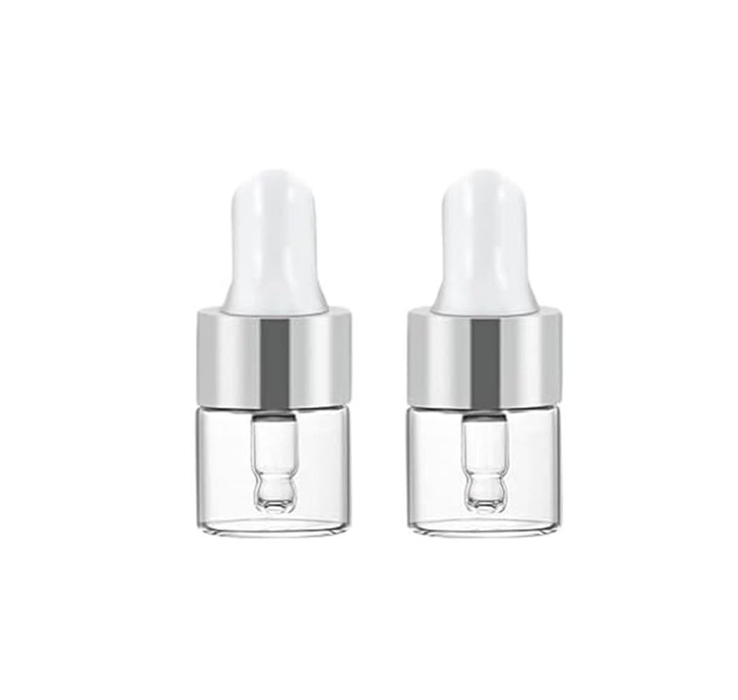 CMJ™ 2 x 1ml Tiny CLEAR Glass Bottles Ear Eye Drops Pipette Dropper Silver White Lid Aromatherapy Empty (Two Bottles)