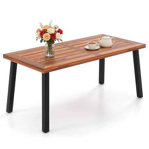 Image of Giantex Patio Dining Table with Umbrella Hole, Outdoor Picnic Table for Backyard, Garden, Lawn, Farmhouse, Acacia Wood Rectangular Table with Metal Legs, Rustic Brown