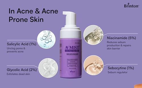 Image of Brinton Acmist Acne Foam Face Wash | 1% Salicylic, 2% Glycolic & 5% Niacinamide | Controls Sebum, Unclogs Pores, Smoothens Skin | For All Skin Types | 100 ml