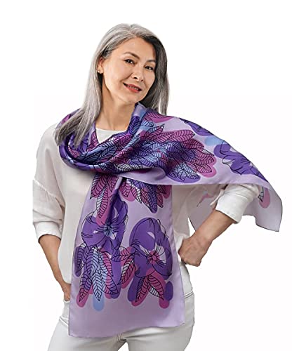 hand painted silk scarf - Artistic Hand Painted Long Silk Scarf for Women Fashion Boho Wrap Floral Patterns Trendy Purple Pink Neck Scarfs Unique Designer Shawl Womens Birthday Gift Mother Day Gift Handmade Gifts for Her