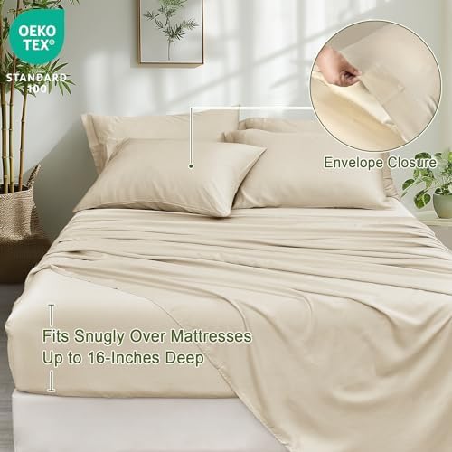 PHF 6PCS 100% Rayon Derived from Bamboo_ Sheets Set Queen Size, Cooling Sheets for Hot Sleepers, Wider Elastic Band & 16" Deep Pocket, Luxury Silky Soft Breathable Bedding Set & Pillowcase, Natural - Thumbnail 5