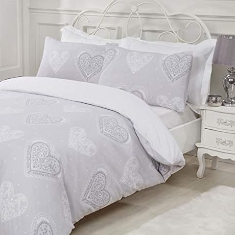 Sleepdown Decorative Hearts King Grey Reversible Soft Cosy Cotton Mix Duvet Cover Quilt Bedding Set With Pillowcases - King (220cm x 230cm) Cover