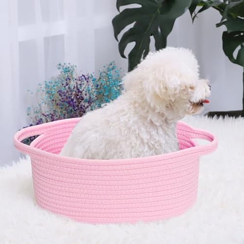 Image of ABenkle Small Basket with Handles, Boho Decorative Rope Woven Dog Cat Toy Storage Bin Shelf Storage Organizer, Easter Christmas Gift Basket, 12 inchx8 inchx5 inch, Pink