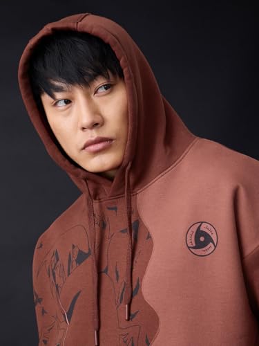 Image of The Souled Store Naruto Shippuden: Itachi's Story Men and Boys Full Sleeves Hooded Neck Brown Graphic Printed Cotton Blend Pullover Oversized Hoodies