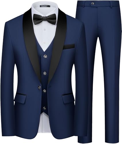 WULFUL Men's 3 Piece Suits Slim Fit Tuxedo Suit Set One Button Shawl Lapel Blazer Jacket Vest Pants Set for Prom, Business
