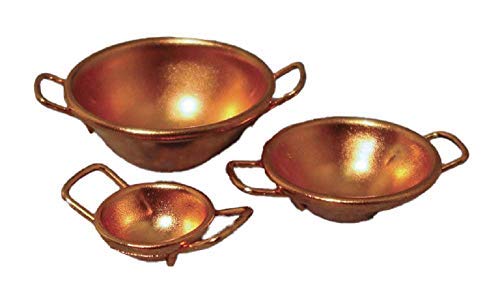 Melody Jane Dolls House Set of 3 Copper 2 Handled Bowls Miniature Kitchen Baking Accessory