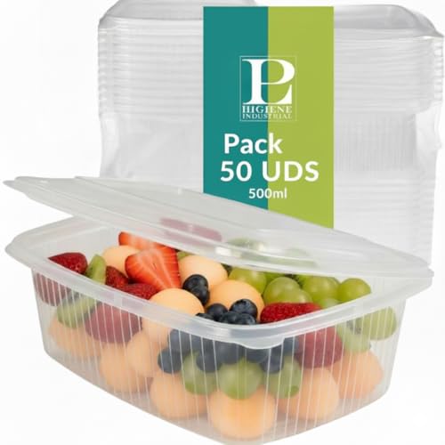 Prieto Larrey - Pack 50 Envases Reutilizables con Tapa Bisagra 500 ml - Resistentes y Duraderos - Tupper Apto para Microondas y Reciclable - Para Alimentos Calientes o Fríos