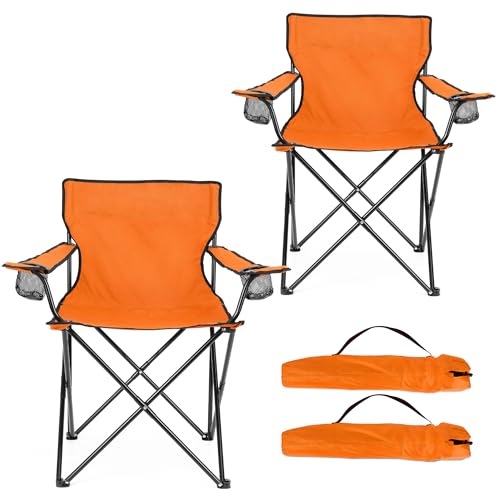 Image of HaSteeL Camping Chair for Adults, Folding Beach Chair Set of 2, Large Foldable Portable Chair for Outdoors Fishing, Hiking, Sporting, Travel, Picnic, Lawn, Hold 275lbs & A Storage Bags (Orange)