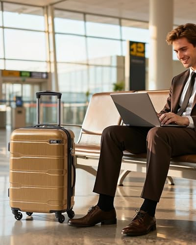 Image of Coolife Luggage Expandable(only 28 inch) Suitcase PC+ABS Spinner Built-In TSA lock 20in 24in 28in Carry on, Black brown, S(20in carry on)