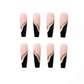 YoYoee Black Press On Nails Coffin Long Fake Nails Acrylic Luxury False Nails French Full Cover Stick On Nails for Women and Girls 24 PCS