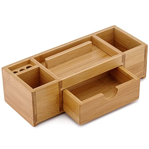 TROEX Bamboo Desk Organizer – Durable Office Wood Desk Organizer with Drawers, Storage Compartments, Pen Holder, and Phone Holder- Home and Office Desk Organizers and Accessories