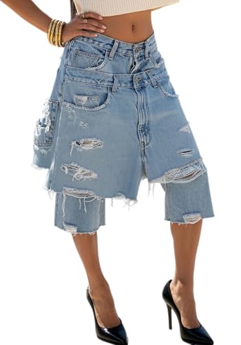 NRTHYE High Waisted Ripped Jean Shorts Baggy Wide Leg Frayed Patchwork Bermuda Denim Shorts Cargo Y2k Streetwear