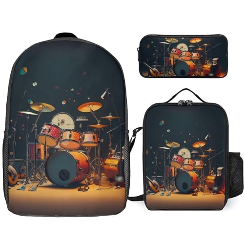 Music Drum Guitar Backpack Adjustable Shoulder Daypack Laptop Bag with Lunch Box and Pencil Case 3 in 1 Set