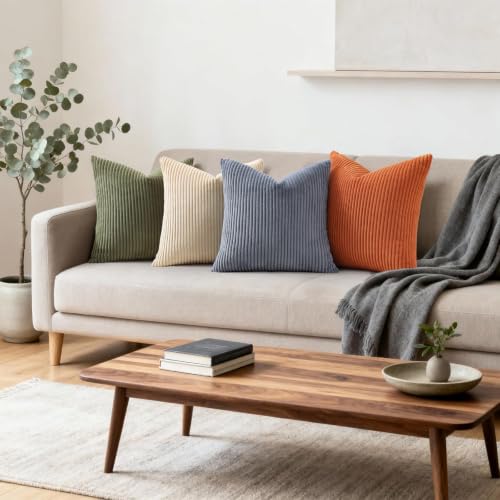 Image of Mecatny Corduroy Fall Decorative Throw Pillow Covers 24x24 Set of 2 for Sofa Living Room, Soft Neutral Boho Couch Pillow Covers for Home Decor, Burnt Orange