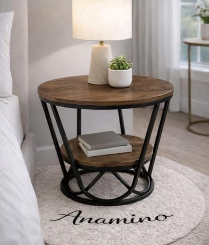 Image of Multi-Purpose Round Coffee Table Marble Look Sofa Tea Table 2-Tier Compact Center Table with Open Shelf Storage for Living Room Bedroom (Black Walnut)