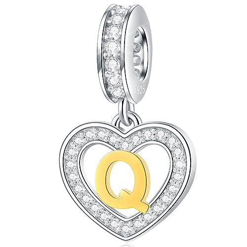 Image of GLOWDAS 18K Gold Plated Letter Charms Initial A to Z Necklace Pendant, 925 Sterling Silver CZ Heart Dangle Alphabet Beads fit European DIY Bracelet, Gifts for Valentiens /Christmas /Family