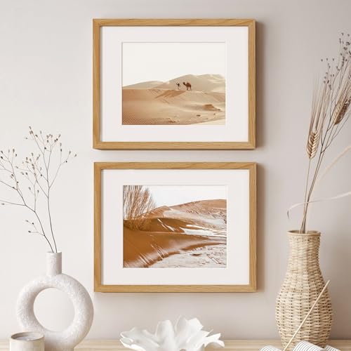 Image of FLYJOE 11x14 Oak Wood Picture Frame with Mat for 8x10, 11 by 14 USA-Sourced Natural Solid Wooden Photo Frame for Wall Display, Shatterproof Plexiglass, Hanging Hardware Included, 4 Pack, Natural