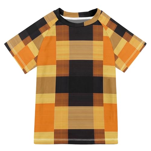 Kids Bathing Suits Boys Short Sleeve Rash Guard Girls 11T Buffalo Plaid Check Gold Orange