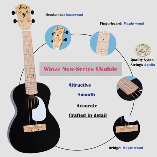 Winzz Ukulélé Adulte Debutant, Ukulélé Concert 23 Pouces, Kit Ukulélé Enfants avec Accordeur, Housse, Sangle, 9 Accessoires (Couleur : noir, en Bois) - Les Beatles, Paul McCartney, John Lennon, RIngo Starr, George Harrison Winzz Ukulélé Adulte Debutant, Ukulélé Concert 23 Pouces, Kit Ukulélé Enfants avec Accordeur, Housse, Sangle, 9 Accessoires (Couleur : noir, en Bois) – Image 5