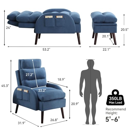 HCHAIRH Accent Chair with Ottoman, Velvet Comfy Reading Chair and Ottoman Set, Modern Oversized Velvet Lounge Sleeper Armchair with Adjustable Backrest for Living Room Bedroom, Blue
