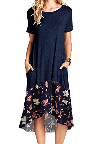 Image of Jayscreate Women's Casual Summer Dress Midi Length T Shirt Tunic Short Sleeve Crew Neck Long Beach Dress Loose Fit with Pockets Blue