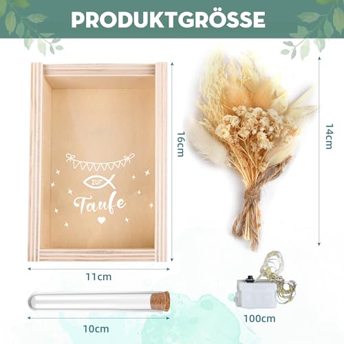 Taufe Geschenk, Geldgeschenk Taufe für Mädchen und Jungen, inklusive Getrocknete Blumen, Holzbox, Kunststoff Reagenzglas, Lichterketten, Geldgeschenke Verpackung (Beige)