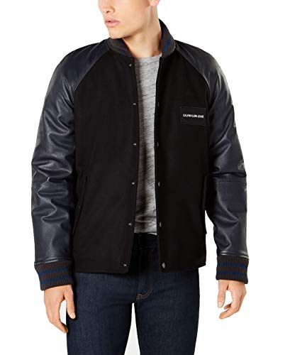 Calvin Klein Mens Leather Sleeve Varsity Jacket, Black, Medium