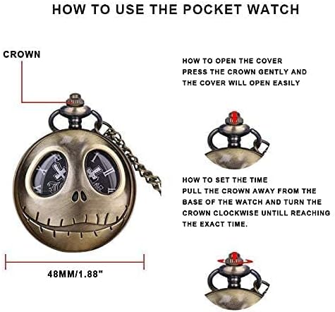 Vista 7 de Realpoo Reloj de bolsillo de Tim Burton's Nightmare Before Christmas con números arábigos, cadena de reloj de bolsillo de cuarzo para hombres