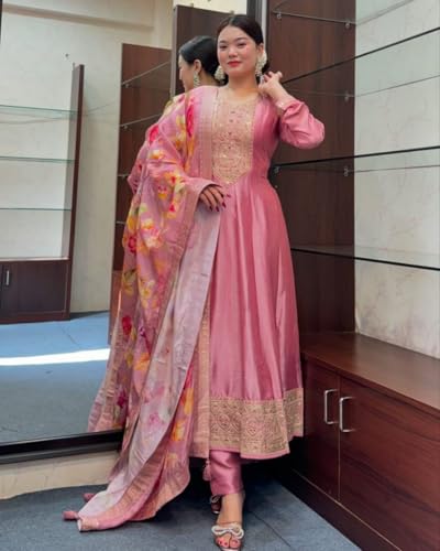 Image of by Pink Anarkali Flared Kurti Pant Dupatta Suit Set.