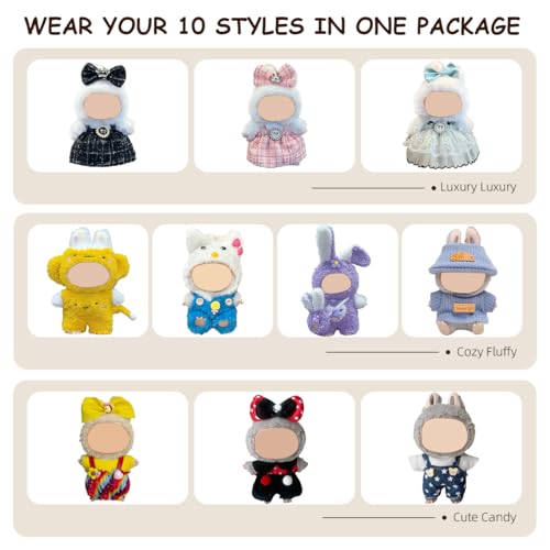 10 Pack Compatible for Labubu Clothes,17cm Doll Clothes Cute Outfits Stylish Accessories Designer Hat Dress Shirt Set Compatible for Labubu Birthday Party Decoration Gift (Adorable, 17cm) — view 2