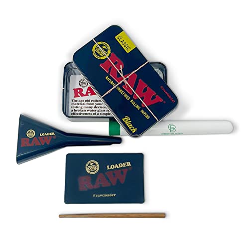 Raw Pre Rolled Cone Loader: 1-1/4 Size, King, & 98 Special Mess Free Perfect Cone Packer – 5 Piece Kit – Static Free Scoop Card, Funnel, & Packing Tool, Rawthentic Tin, Green Blazer Tube #TOP1