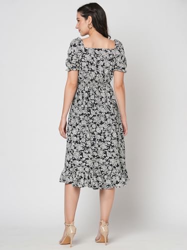 Selvia Western Dress For Women|Crepe Dress For Women|Fit & Flare Dress|Floral Printed Dress For Women|One Piece Dress For Women (737Dtk8001N-Xl_Black & White)