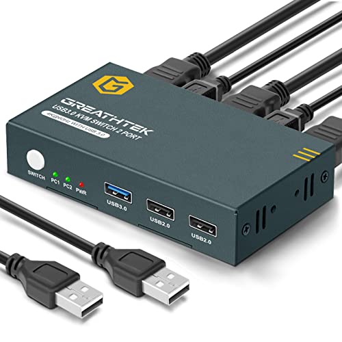 Usb 3.0 Kvm Switch Hdmi 2 Port Ultra Hd 4K@60Hz, Kvm Switches With Usb 3.0 Port High-Speed Transmission Share Usb Devices, 2 Pcs Share 1 Monitor With Button Switch, With 2 Usb 3.0 And 2 Hdmi Cables #TOP4