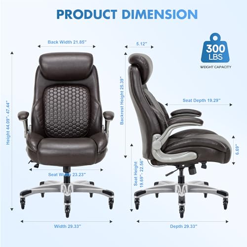 COLAMY Office Chair Ergonomic Desk High Back Executive Chair with Pop-Out Lumbar Support, Upgraded Casters, Adjustable Headrest, Flip-Up Arms, Leather Home with Thick Cushion for Comfort - Brown - Image 3