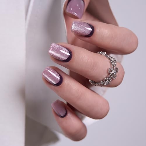 Image of CurvLife Soft Gel Squoval Press-On Nails Short, Reusable Fake Nails with Glue & Adhesive Tabs, 30PCS Salon-Quality Stick-On Nails for At-Home Manicure (Velvet Noir)