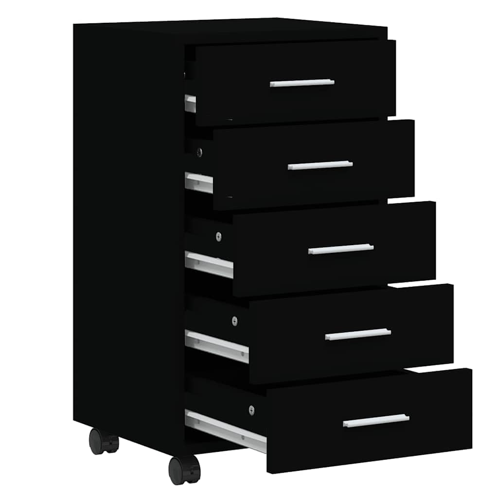 Cassettiera a rotelle nera, 33 x 38 x 63 cm, in legno, alluminio, 5 cassetti, flessibile, ufficio, studio, balcone, cameretta dei bambini