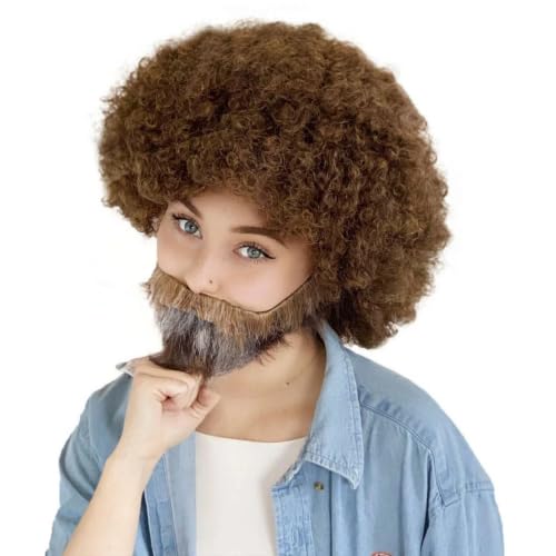 HPO 80s Painter Brown Afro Curly Wig with Beard & Mustache Set HPO 80s Painter Brown Afro Curly Wig with Beard & Mustache Set