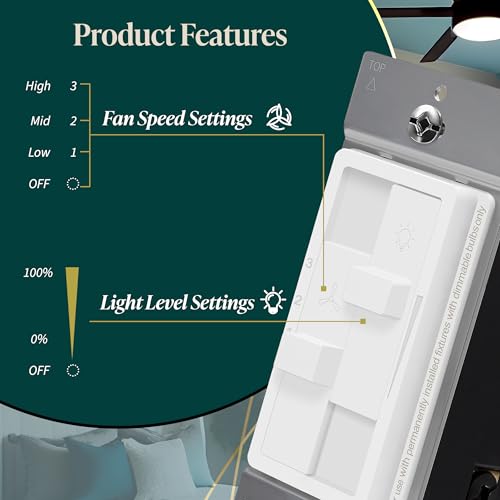 Topgreener TGDSFS3-W Kalide Combo Dimmer Switch With 3-Speed Fan Control For Dimmable 200W Led/Cfl Lights And Fan Combination Switch thumb #6