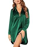 Ekouaer Nachthemd Damen Satin Langarm Sleepwear V-Ausschnitt Knöpfe Sexy Sleepshirt Negligee Seiden Nachtwäsche Valentingstag Grün L