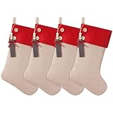 Shgngle 19.5 inch Personalized Burlap Christmas Stockings，Blank Wooden Tags DIY Name,Holiday Party Decor（4Pcs）