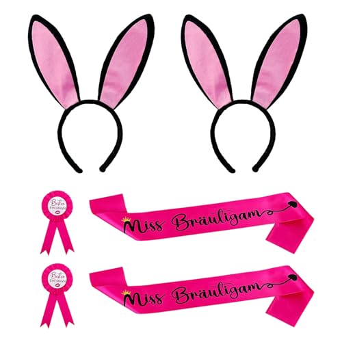 FUIPVGI 6 Piezas Disfraces Despedida Soltero Hombre JGA, Decoración de Boda, con Insignia de Mejor Marido, Banda de Miss Novio, Diadema con Orejas de Conejo para Despedidas de Soltero (Rosa Roja)